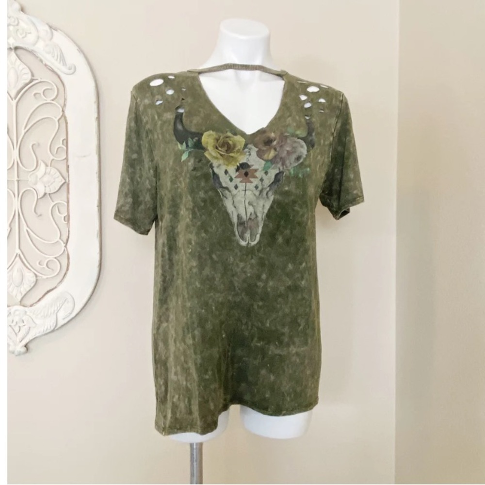 Vintage Havana hunter green soft womens small tee, skull and flowers (M)